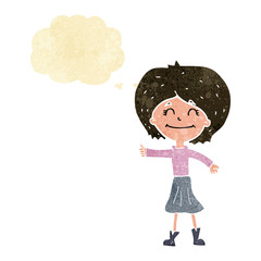 cartoon happy girl giving thumbs up symbol with thought bubble