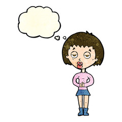 cartoon bored woman waiting with thought bubble