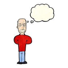cartoon annoyed balding man with thought bubble