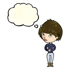 cartoon woman considering with thought bubble