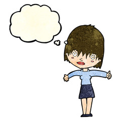 cartoon curious woman with thought bubble