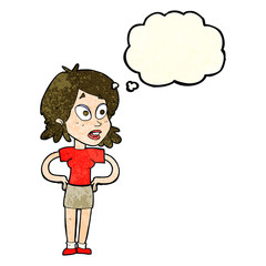 cartoon woman with hands on hips with thought bubble