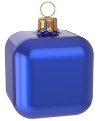 Christmas ball cube geometric unusual blue decoration New Year's Eve bauble hanging adornment. Traditional wintertime holidays home square ornament Merry Xmas symbol shiny blank. 3d render isolated
