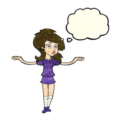 cartoon confused pretty girl with thought bubble