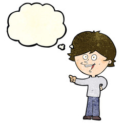 cartoon boy laughing and pointing with thought bubble