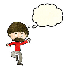 cartoon mustache man disco dancing with thought bubble