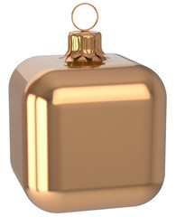 Christmas ball cube geometric unusual golden decoration New Year's Eve bauble hanging adornment. Traditional wintertime holidays home square ornament Merry Xmas symbol shiny blank. 3d render isolated