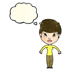 cartoon woman shrugging shoulders with thought bubble