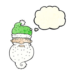 cartoon grim santa face with thought bubble