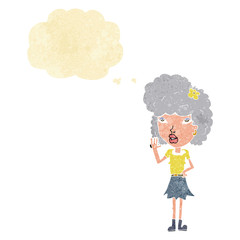 cartoon woman waving with thought bubble