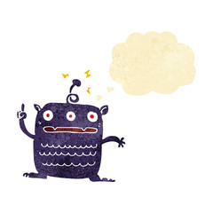 cartoon weird little alien with thought bubble