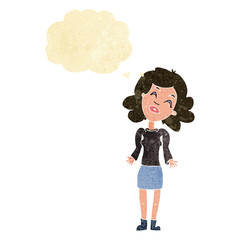 cartoon woman shrugging shoulders with thought bubble