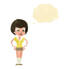 cartoon pretty woman with hands on hips with thought bubble