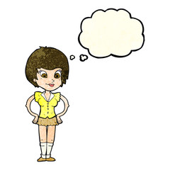 cartoon pretty woman with hands on hips with thought bubble