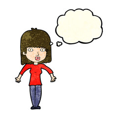 cartoon woman shrugging with thought bubble