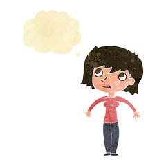 cartoon woman shrugging with thought bubble