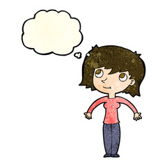 cartoon woman shrugging with thought bubble