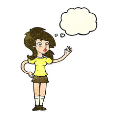 cartoon pretty woman waving for attention with thought bubble