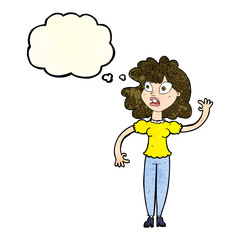 cartoon worried woman waving with thought bubble