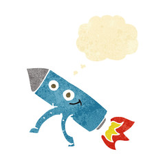 cartoon happy rocket with thought bubble