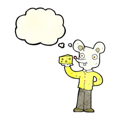 cartoon mouse holding cheese with thought bubble