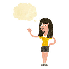 cartoon pretty woman waving with thought bubble