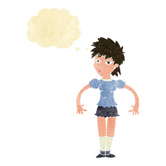 cartoon curious woman with thought bubble