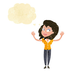 cartoon woman giving up with thought bubble