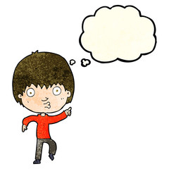 cartoon impressed boy pointing with thought bubble