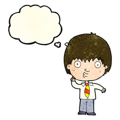 cartoon school boy answering question with thought bubble