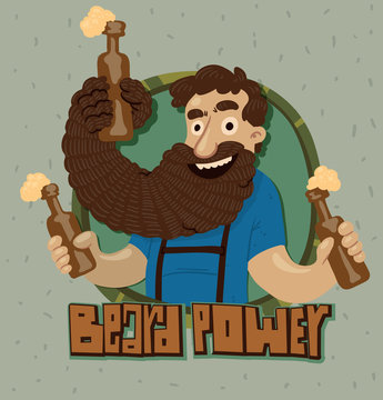 Vector cartoon image of green labels with man in blue t-shirt and black shorts with a long brown beard, holding three bottles of beer  on a gray spotted background. Beard - the power.