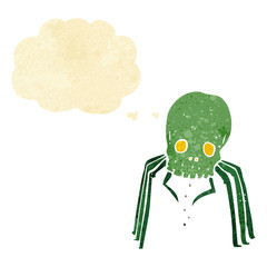 cartoon spooky skull spider with thought bubble