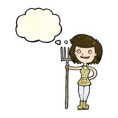cartoon happy farmer girl with thought bubble