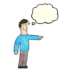 cartoon pointing man with thought bubble