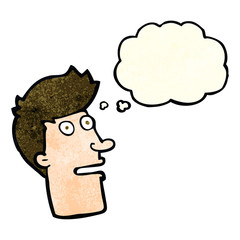 cartoon shocked male face with thought bubble