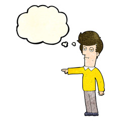 cartoon pointing man with thought bubble