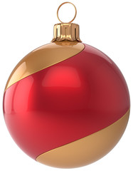 Christmas ball decoration New Year's Eve bauble red golden sphere hanging adornment modern. Traditional happy wintertime holidays ornament Merry Xmas symbol blank striped. 3d render isolated