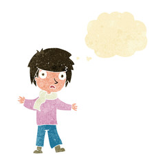 cartoon unhappy boy with thought bubble
