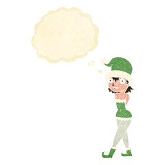 cartoon woman in christmas elf costume with thought bubble