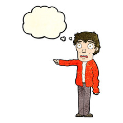 cartoon terrified man pointing with thought bubble