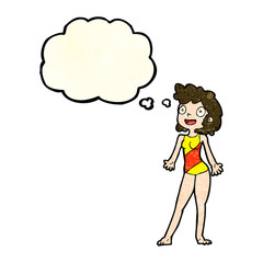 cartoon woman in swimming costume with thought bubble
