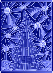 Vector illustration in stained glass style image of a Christmas tree against the starry sky
