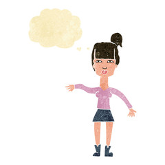 cartoon woman making dismissive gesture with thought bubble