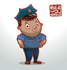 Vector cartoon image of a child in the blue cap and police uniform on a light background. In the theme of 