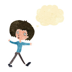 cartoon surprised man walking with thought bubble