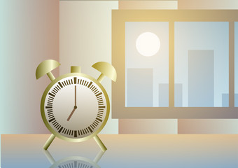 Vector illustration. Alarm near window at dawn.