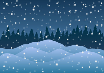 Vector illustration. Snowdrifts on the background of trees and falling snow.