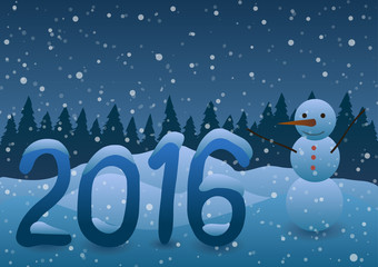 Vector illustration. New Year 2016 Snowman on the background of Christmas trees.