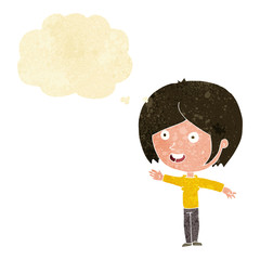 cartoon happy girl waving with thought bubble