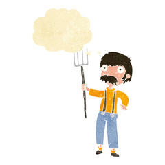 cartoon farmer with pitchfork with thought bubble